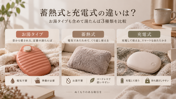 蓄熱式と充電式の違いは？お湯タイプも含めて湯たんぽ3種類を比較【2026年】