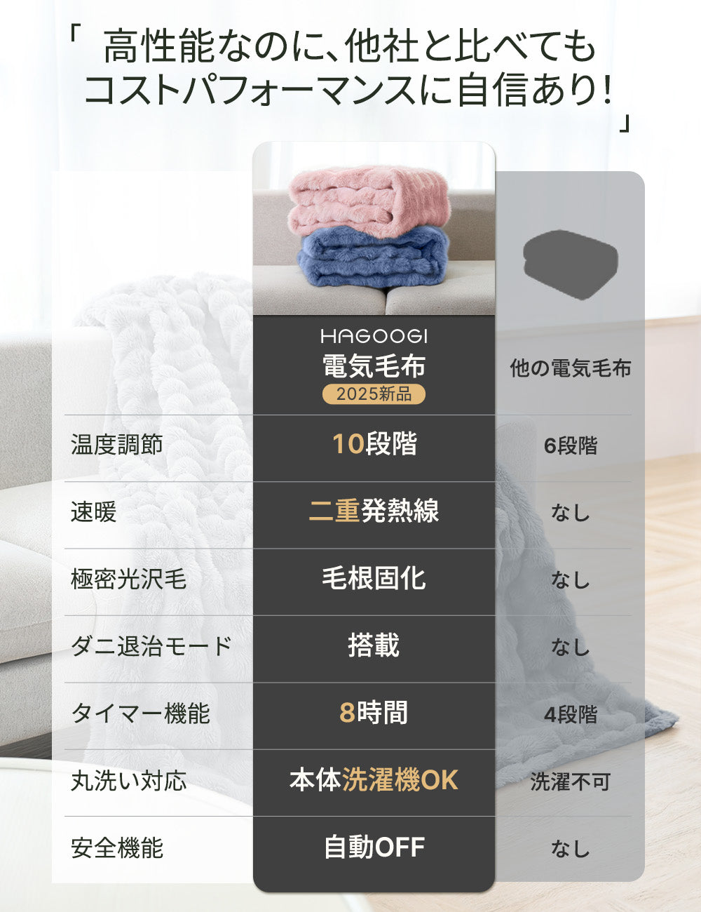 HAGOOGI(ハゴオギ)  電気毛布 シングル 電気ブランケット 電気敷き毛布 ふんわり暖かい 洗える毛布 速暖 10段階温度調整 8時間タイマー付き ダニ退治