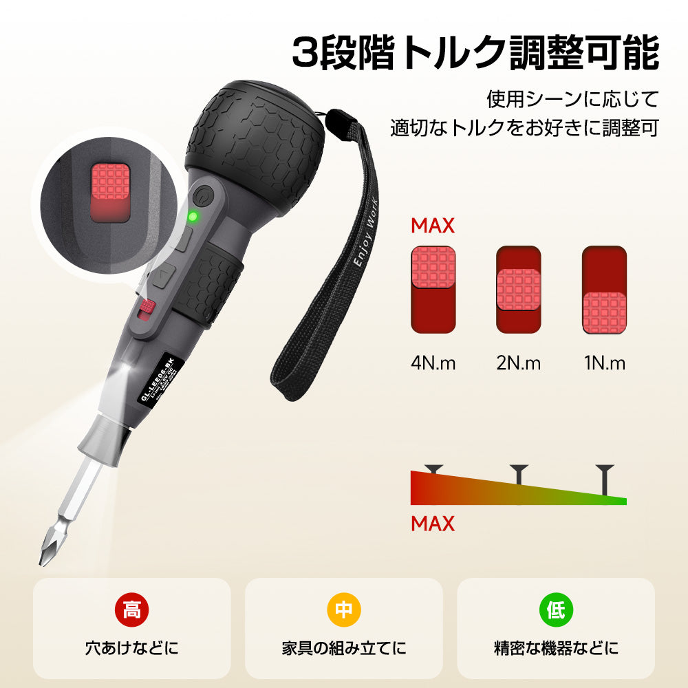 Yacooda 電動 ドライバー 小型 強力 トルク3段階調節 1800mAh大容量 電動4N.m 手動12N.m USB-C充電式 高輝度LEDライト 軽量 DIY 操作簡単 女性/初心者対応 電動ドリル