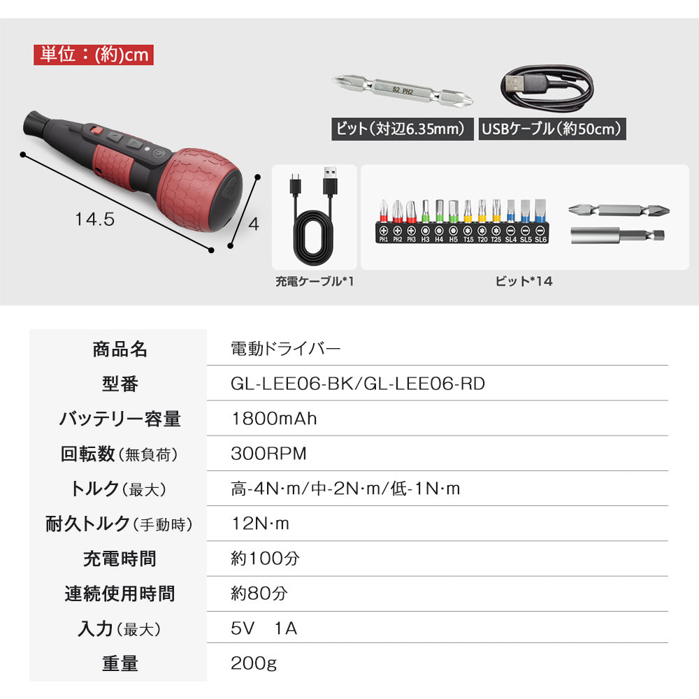 Yacooda 電動 ドライバー 小型 強力 トルク3段階調節 1800mAh大容量 電動4N.m 手動12N.m USB-C充電式 高輝度LEDライト 軽量 DIY 操作簡単 女性/初心者対応 電動ドリル