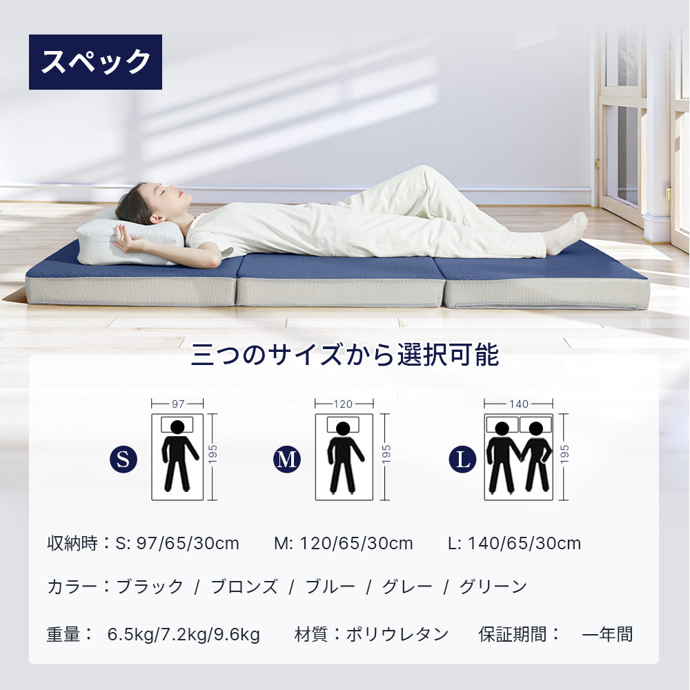 マットレス 高反発 折りたたみ マットレス  三つ折り 26D/190N 体圧分散 省スペース収納 寝心地快適 シングル・ダブル対応 腰痛対策 通気性抜群