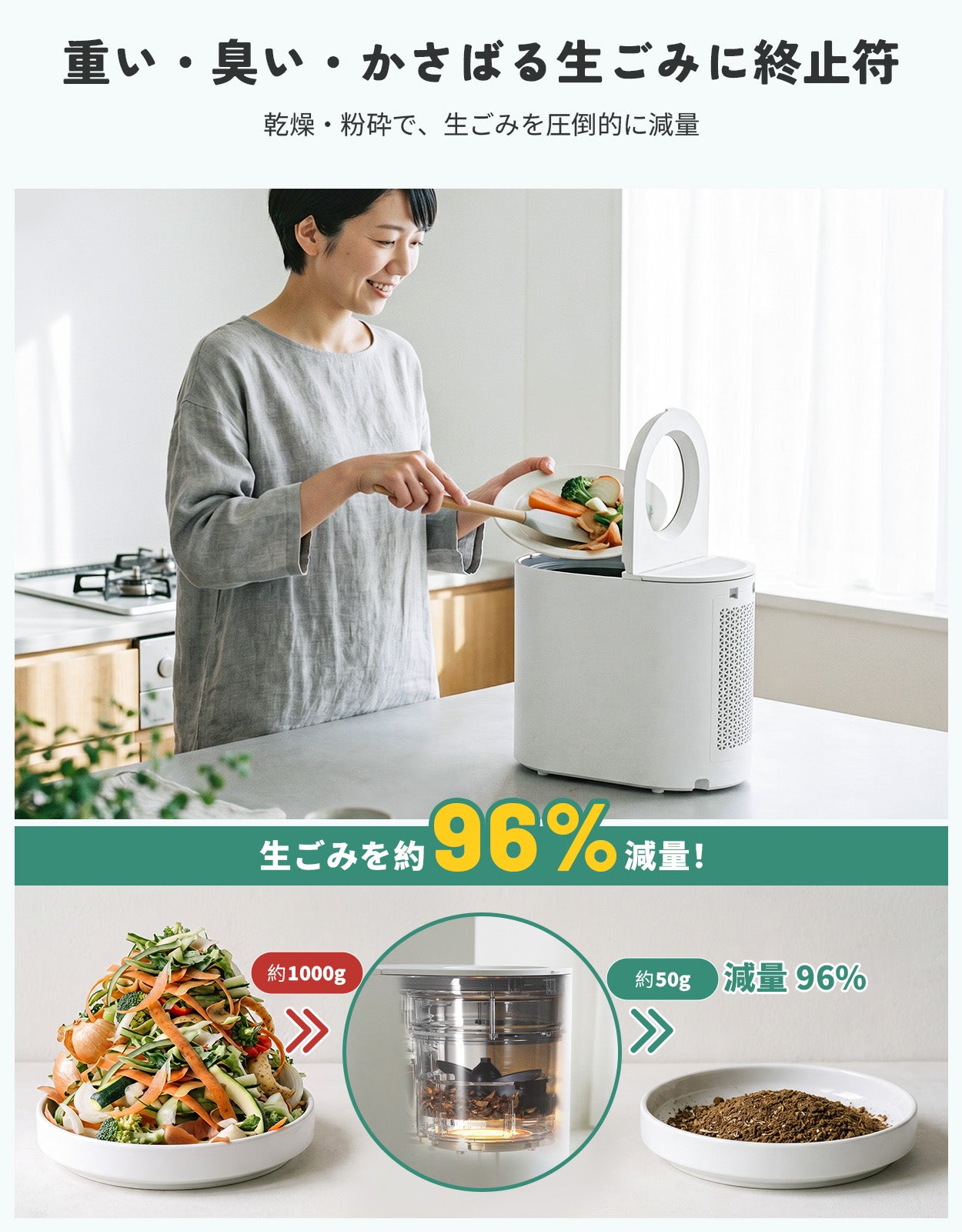 HAGOOGI 生ごみ処理機 家庭用 乾燥粉砕 最大98%減 静音 大容量3L
