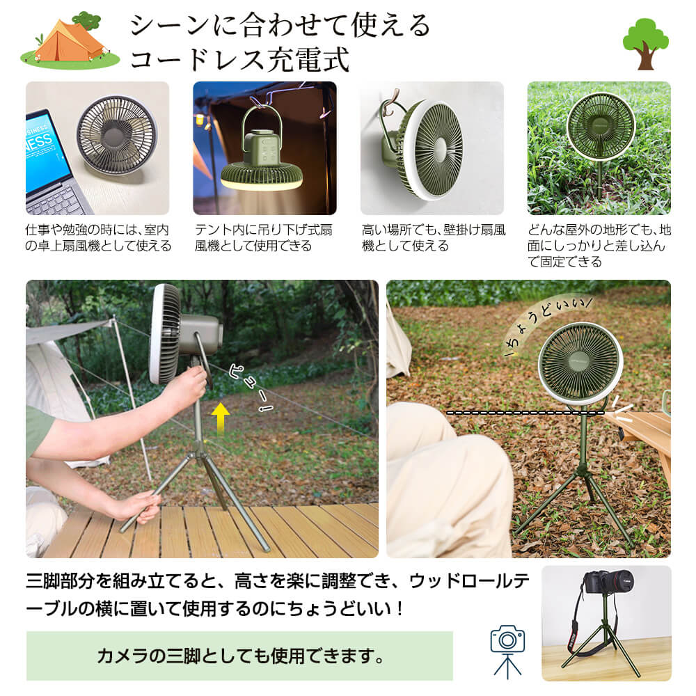 【収納ケース付き】HAGOOGI(ハゴオギ) 扇風機 キャンプ 父の日 ギフト 多機能 壁掛け 吊り下げ 卓上扇風機 ファン DCモーター 5枚羽根 左右首振り コードレス 室内 アウトドア 扇風機