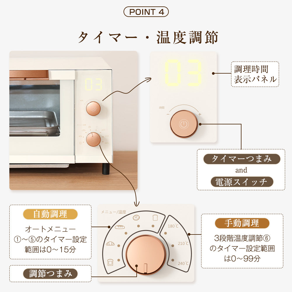 HAGOOGI(ハゴオギ)  オーブントースター  4枚焼き 15L トースター 自動メニュー 温度調節機能 1200W コンパクト設計 お手入れ簡単